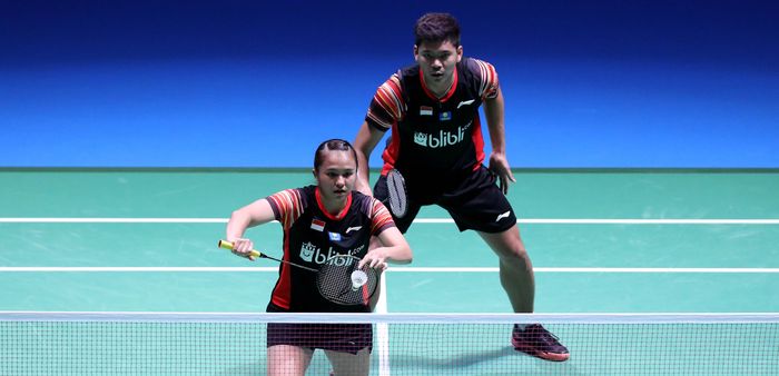 Pasangan ganda campuran Indonesia, Praveen Jordan/Melati Daeva Oktavianti, saat berlaga di Japan Open 2019, Kamis (25/7/2019).