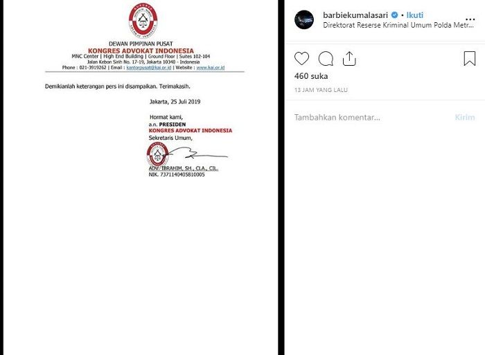 Barbie Kumalasari unggah surat keterangan dari Dewan Pimpinan Pusat Kongres Advokat Indonesia