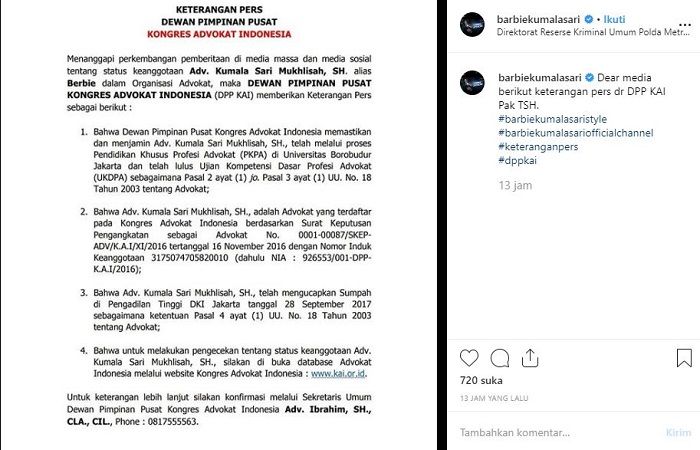 Barbie Kumalasari unggah surat keterangan dari Dewan Pimpinan Pusat Kongres Advokat Indonesia