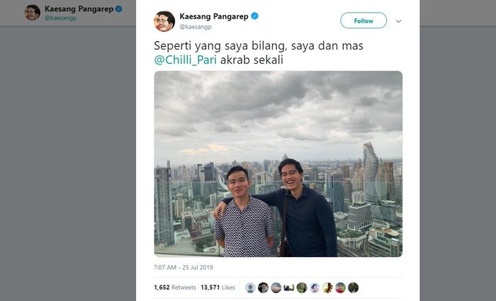 Cuitan Kaesang Pangarep saat pamer keakraban dengan sang kakak, Gibran Rakabuming Raka