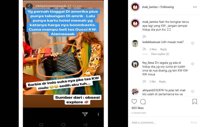 Sindiran Nikita Mirzani terhadap tas KW Barbie Kumalasari