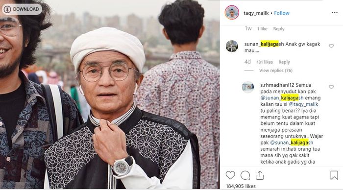 Komentar Sunan Kalijaga pada unggahan foto faceapp Taqy Malik.