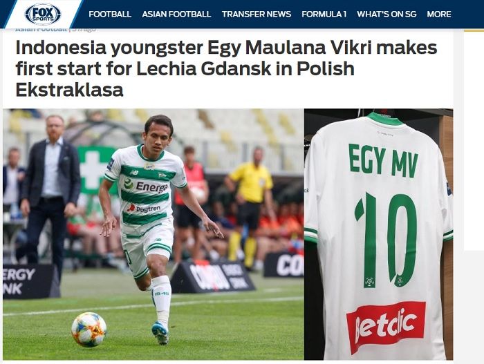 Pemberitaan Fox Sport Asia tentang debut starter Egy Maulana Vikri untuk Lechia Gdansk di Liga Polandia musim 2019-2020.