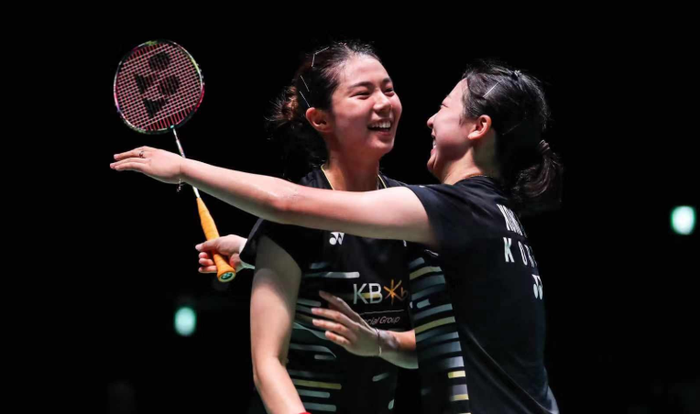 Pasangan ganda putri Korea Selatan, Kim So-yeong (kiri)/Kong Hee-yong. saat berhasil memenangi laga final Japan Open 2019, di Musashino Forest Sport Plaza, Tokyo, Jepang, Minggu (28/7/2019).