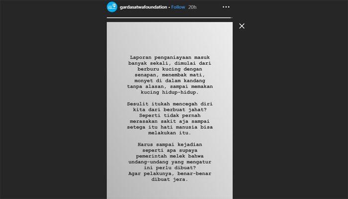 Kecaman Garda Satwa Indonesia untuk pelaku pemakan kucing melalui Instagram.