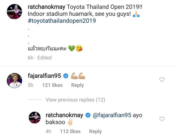 Pebulu tangkis Thailand, Ratchanok Intanon, mengajak Fajar Alfian makan bakso sebelum berlaga di Thailand Open 2019.