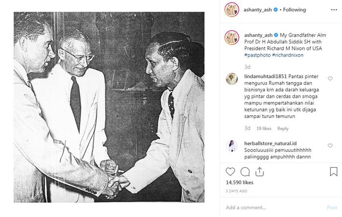 Ashanty menunjukkan sosok sang kakek di Instagramnya
