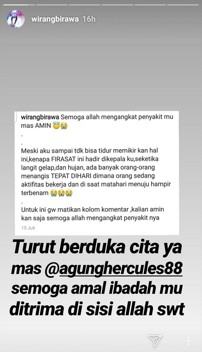 Insta story Wirang Birawa 15 Juli 2019 lalu yang berisi ramalan Agung Hercules meninggal dunia