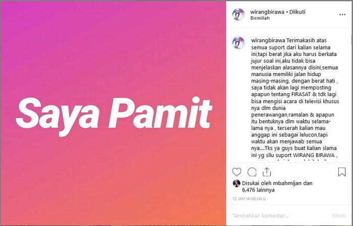 Unggahan Wirang Birawa nyatakan pamit