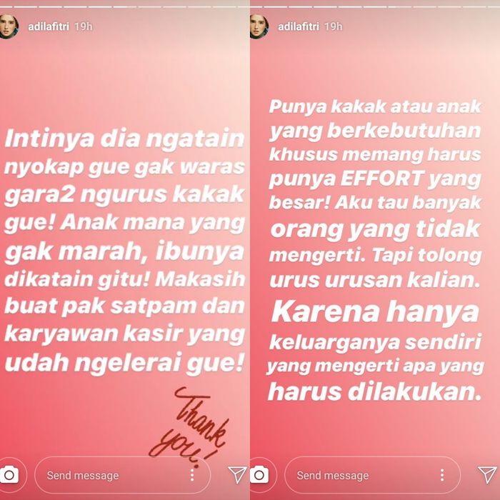 Ungguahan story Adila Fitri di laman Instagrmanya