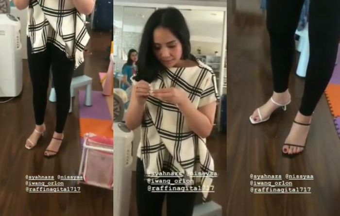 Gaya modis Nagita Slavina. Istri Raffi Agmad ii memakai sepasang sepatu model strap beda warna.