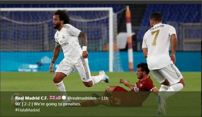 Bek sayap Real Madrid, Marcelo, dalam laga uji coba melawan AS Roma di Stadion Olimpico, Minggu (11/8/2019).