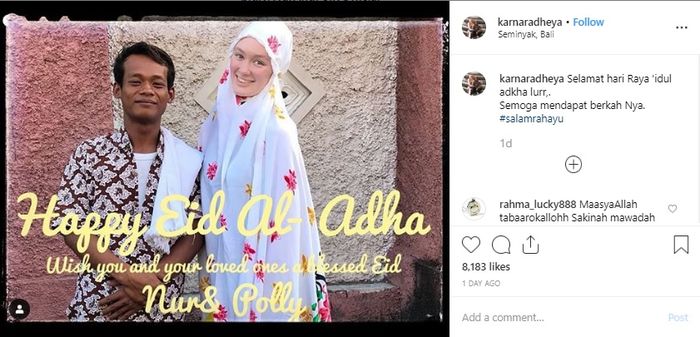 Nur Khamid dan istri ucapkan selamat Hari Raya Idul Adha, penampilan cantik Polly Alexandria dengan balutan mukena sukses mendapat pujian.
