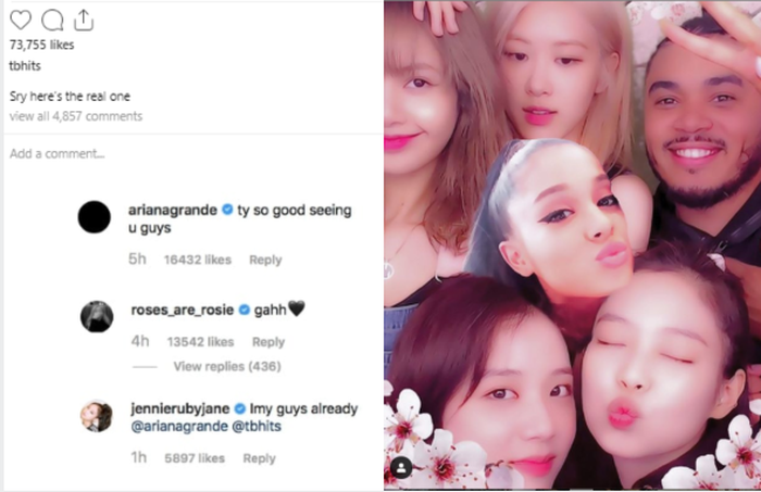 Postingan Brown dengan menambahkan Ariana Grande pada fotonya saat bersama Blackpink