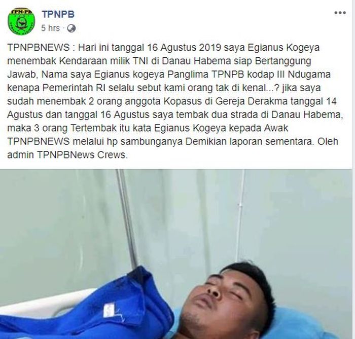 Tentara Pembebasan Nasional Papua Barat (TPNPB) mengeluarkan rilis melalui Facebook