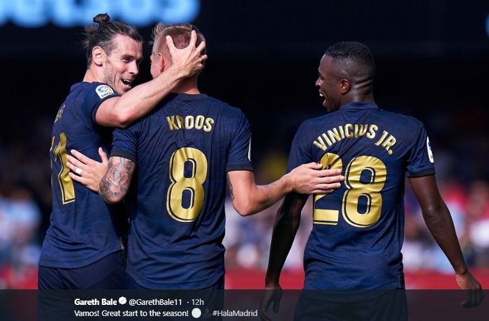 Gareth Bale dan Vinicius Jr turut merayakan gol yang dicetak oleh Toni Kroos pada pertandingan Real Madrid melawan Celta Vigo, Sabtu (17/8/2019).