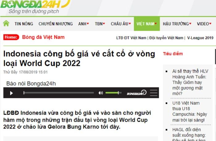 Pemberitaan media Vietnam, Bongda24h.vn terkait harga tiket kualifikasi Piala Dunia 2022 di SUGBK yang telah dirilis PSSI.