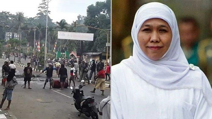 Aksi blokade jalan oleh masyarakat Papua di Manokwari, terhadap tindakan rasisme yang terjadi terhadap mahasiswa Papua di Surabaya (kiri) dan Gubernur Jawa Timur Khofifah Indar Parawansa. (kanan) 