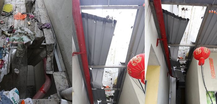 Kondisi atap yang ditabrak oleh ibu muda itu dan kedua anaknya saat lompat dari lantai 10