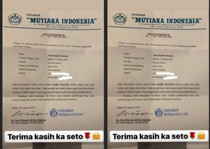 Hasil tes psikologi Azka Raqilla Mawardi anak Nikita Mirzani dengan Sajad Ukra