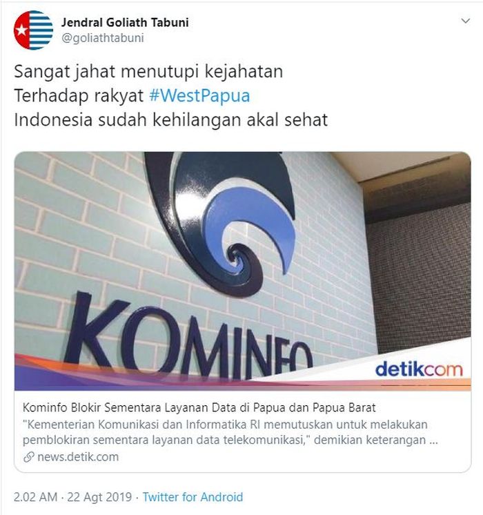 Unggahan Twitter Goliath Tabuni Twitter/@goliathtabuni