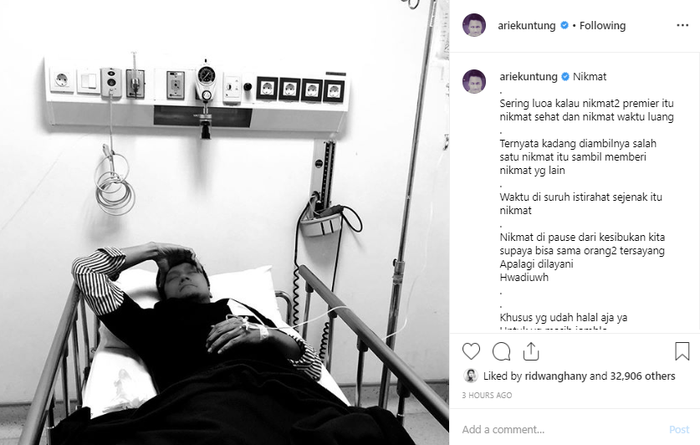 Arie Untung terbaring lemah dengan infus di tangan