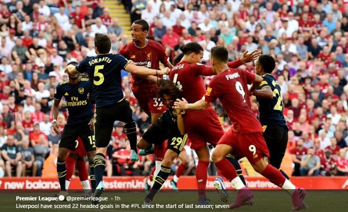 Momen ketika tendangan sudut yang dilakukan oleh Trent-Alexander Arnold berujung gol melalui Joel Matip pada laga antara Liverpool dan Arsenal di Stadion Anfield, Sabtu (24/8/2019).