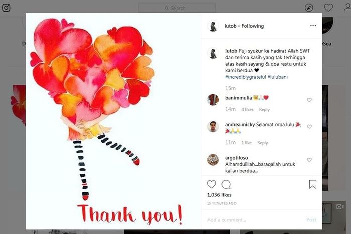 Lulu Tobing mengucapkan terima kasih kepada semua pihak yang telah memberi selamat serta doa kepadanya dan Bani.