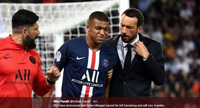 Kylian Mbappe terpaksa ditarik keluar akibat cedera pada pertandingan Paris Saint-Germain melawan Toulouse pada pekan ketiga Liga Prancis, Minggu (25/8/2019).