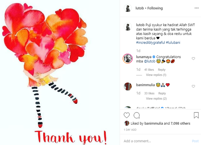 Lulu Tobing ucapkan terima kasih setelah menikah dengan Bani Mulia
Instagram/lutob