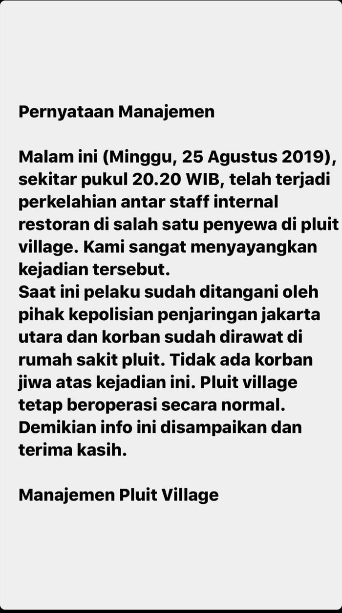 Klarifikasi pihak Mall terkait aksi penusukkan di wilayahnya.