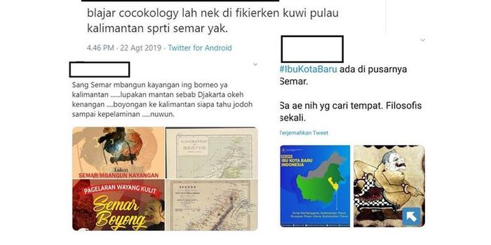 Tangkapan layar sejumlah unggahan warganet soal Semar dan peta Kalimantan