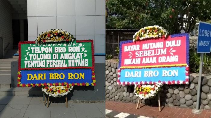 Karangan bunga dengan ucapan penagihan hutang. (Kolase Instagram @brorondm)