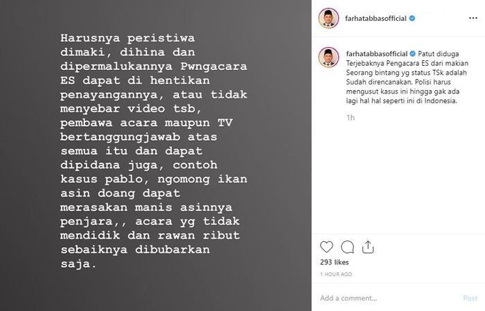 Farhat Abbas meminta acara yang menampilkan amukan Nikita Mirzani diberhentikan.