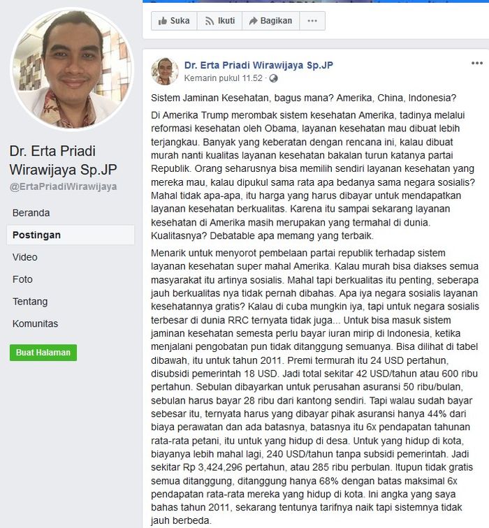 Postingan @ErtaPriadiWirawijaya, seorang dokter Jantung tentang kenaikan iuran BPJS