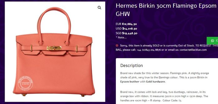 Harga tas Hermes Birkin 30cm Flamingo Epsom GHW