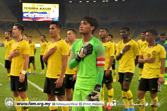 Skuat timnas Malaysia saat menghadapi Yordania di Stadion Nasional Bukit Jalil, Kuala Lumpur, Jumat (30/8/2019).