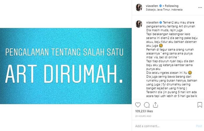 Tangkap layar Instagram/@viavallen
Unggahan Via Vallen tentang pengalaman pahitnya punya ART yang panjang tangan.
