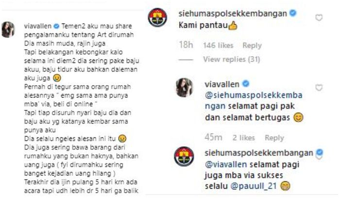 Kolase tangkap layar Instagram/@viavallen
Curhatan Via Vallen tentang ART-nya yang suka seenaknya ditanggapi oleh akun resmi humas Polsek Kembangan.