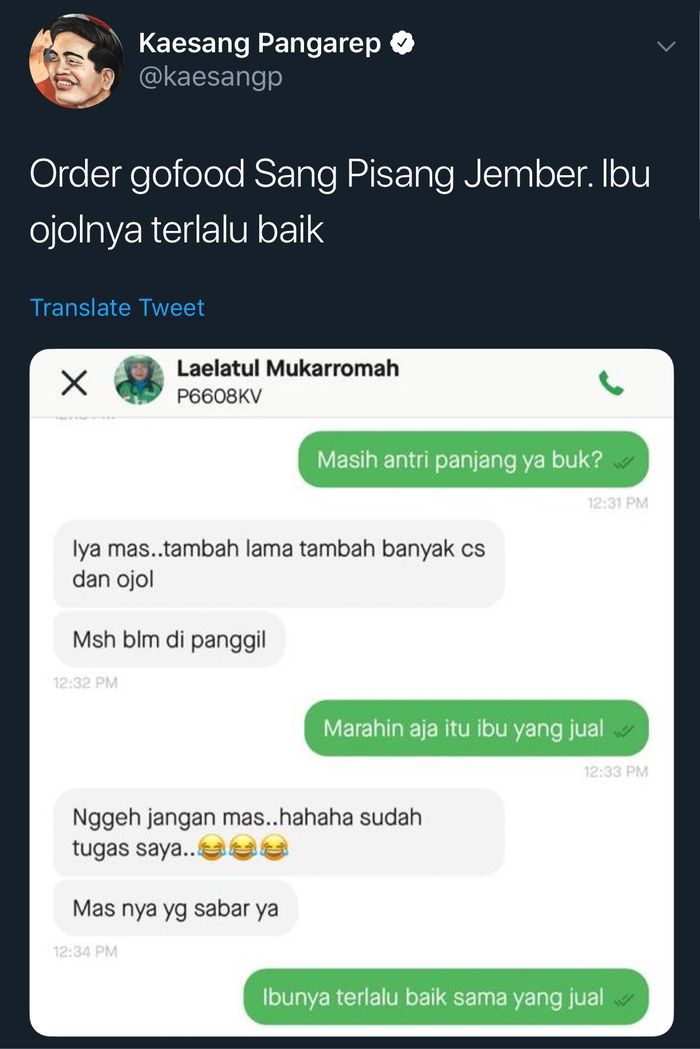 Cuitan Kaesang Pangarep, 'Ibu ojolnya terlalu baik'.