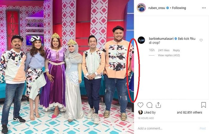 Ruben Onsu diprotes Barbie Kumalasari lantaran kedapatan meng-crop foto dirinya.