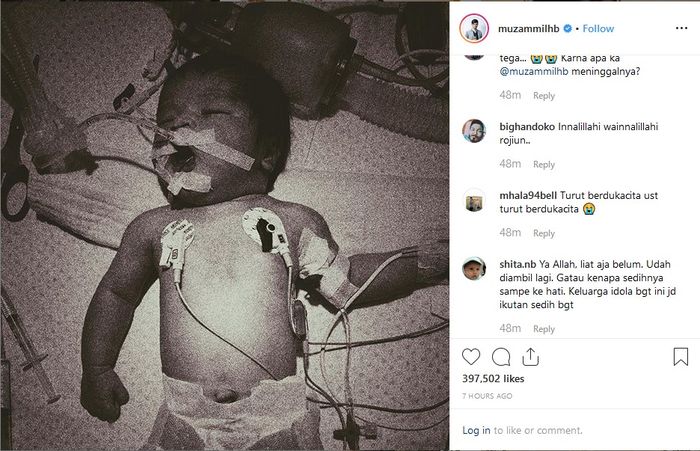 Postingan Muzammil yang memberitahukan tentang meninggalnya putri keduanya.