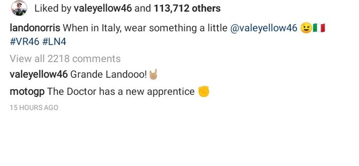Komentar Valentino Rossi dalam foto yang diunggah Lando Norris di akun Instagram.