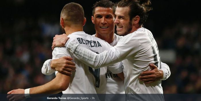 Karim Benzema, Cristiano Ronaldo, dan Gareth Bale, saat masih bersama di Real Madrid pada 2013-2018.