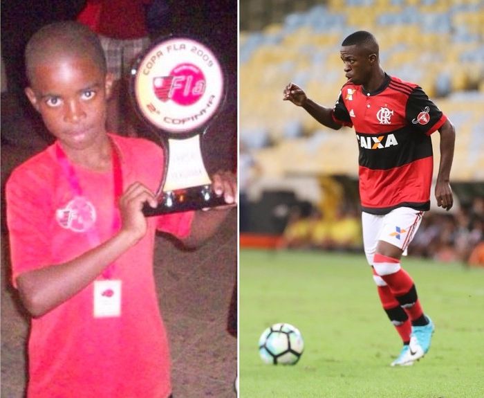 Vinicius Jr saat bergabung di Escolinha de Flamingo (kiri) dan saat bergabung ke tim Brasil, Flamengo (kanan).