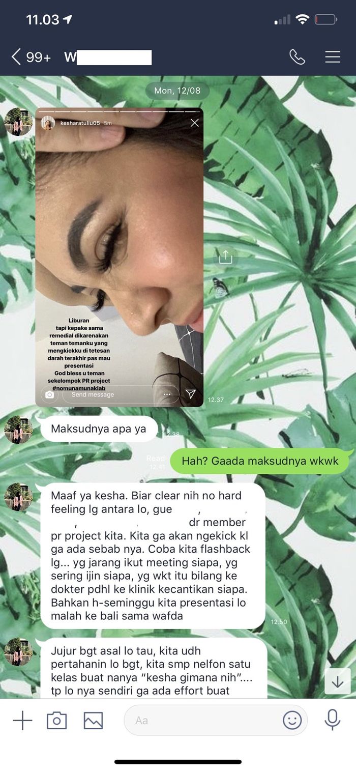 Isi chat Kesha Ratuliu dan teman kuliahnya (1).
