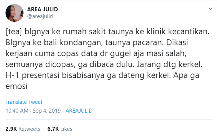Curhatan yang diunggah admin akun Twitter @areajulid yang kemudian memancing Kesha Ratuliu.