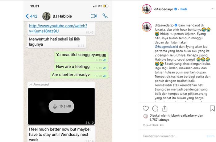 Tangkapan layar chat BJ Habibie dengan Dita Soedarjo.