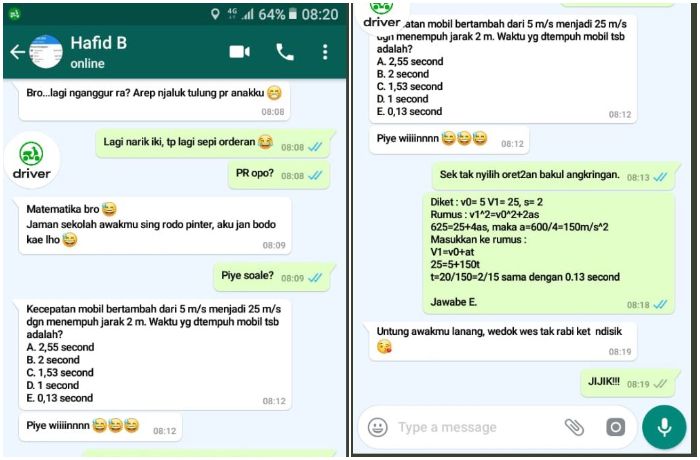 Percakan driver ojol dan kawannya via aplikasi WhatsApp