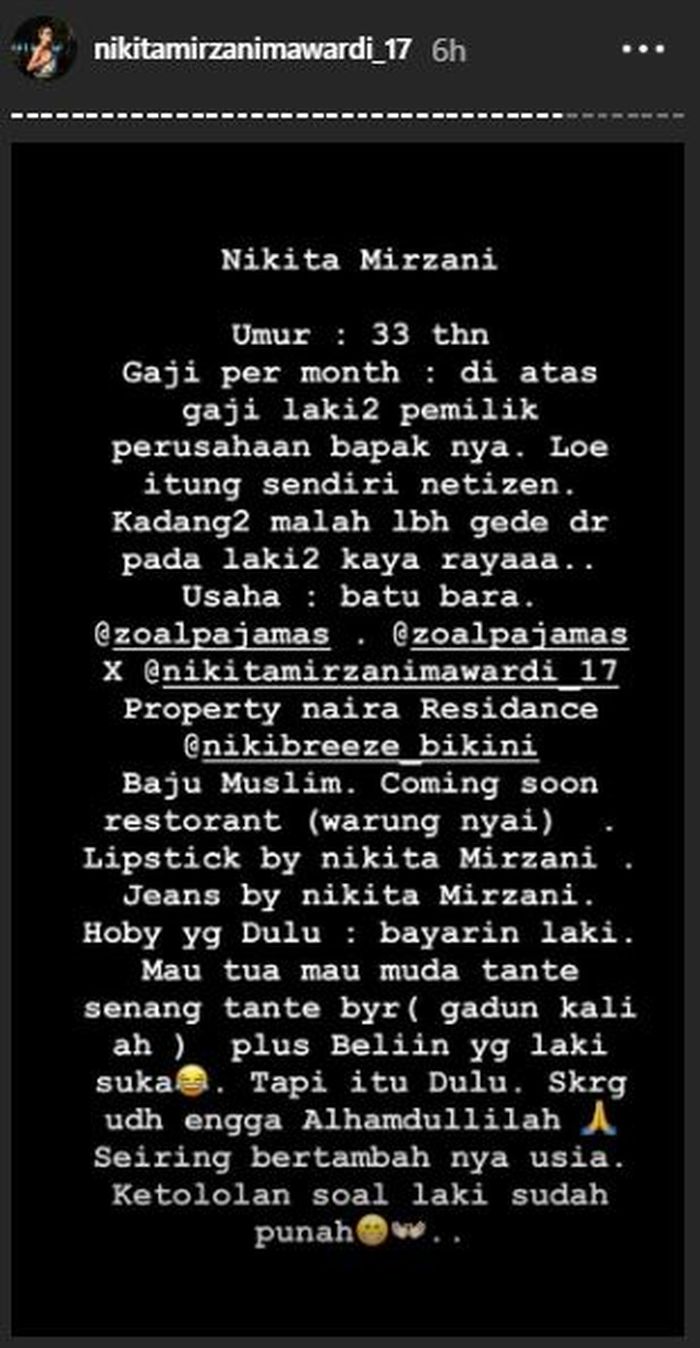 Tangkap layar Instagram @nikitamirzanimawardi_17
